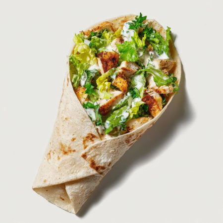 A mouth watering chicken caesar wrap, expertly rolled and bursting with fresh ingredients. This delectable wrap features tender, seasoned chicken pieces, crisp green lettuce, and a creamy Caesar dressing, all neatly encased in a soft tortilla. A sprinkle of fresh parsley adds a touch of color and aroma. Clean white background, this image highlights its freshness and appeal, making it an ideal choice for a healthy and satisfying meal or snack, perfect for any time of day.の素材