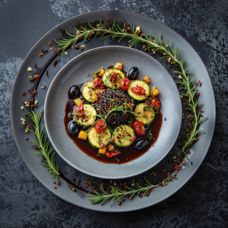 This exquisite top down view showcases a sophisticated vegan dish, meticulously arranged on a stylish gray plate set within a larger platter adorned with fresh rosemary sprigs and spices. The centerpiece features a bed of deep black rice, encircled by perfectly seared zucchini slices, vibrant cherry tomatoes, and glossy black olives, all brought together by a rich, dark sauce. This visually stunning and healthy meal is ideal for showcasing gourmet plant based cuisine, fine dining, and healthy lifestyle content.の素材