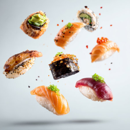 A dynamic and visually striking composition featuring various pieces of sushi seemingly suspended in mid air against a soft, light background. The assortment includes nigiri with salmon and tuna, a gunkan maki topped with bright orange ikura salmon roe, and a variety of maki rolls, some garnished with avocado and spring onions, and others with black sesame seeds. Small red and dark specks, possibly spices or seasonings, are scattered around, enhancing the motion and adding to the visual appeal. This creative presentation emphasizes the freshness, artistry, and diversity of Japanese sushi.の素材