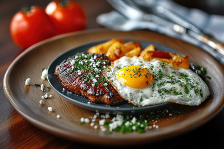 A mouth watering close up of a hearty meal featuring a perfectly grilled steak, seasoned and garnished with fresh green herbs and white spice flecks. Alongside, a flawlessly cooked sunny side up egg with a vibrant yellow yolk and crisp white edges. Golden, crispy potato wedges accompany the main elements. The dish is presented on a dark gray plate set on a warm wooden serving board. Two fresh red tomatoes in the background add a pop of color, making this an ideal image for breakfast, brunch, or a satisfying dinner.の素材