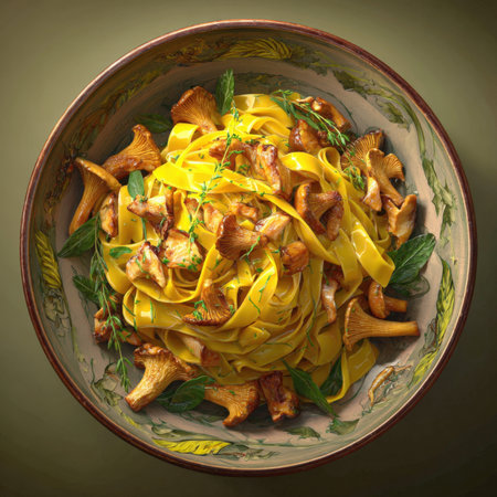 Savor the authentic taste of Italy with this delectable tagliatelle dish, generously tossed with a medley of wild mushrooms, fresh parsley, and a hint of garlic, creating a hearty and aromatic meal perfect for gourmet menus, food blogs, or culinary promotions.の素材