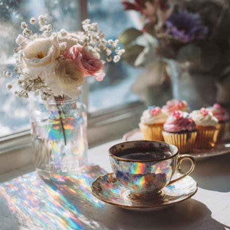 A enchanting scene featuring a beautifully iridescent coffee cup and saucer, fresh flowers in a sunlit vase, and frosted cupcakes, all illuminated by vibrant rainbow light effects streaming through a window, creating a dreamy and cozy atmosphere. Perfect for lifestyle, relaxation, and sweet treat themes.の素材