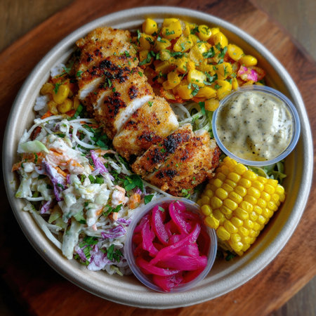 A vibrant and appetizing close up of a healthy take out bowl featuring perfectly fried chicken breast, creamy coleslaw, golden corn kernels, a fresh corn on the cob, and tangy pickled red onions, complete with a side of dressing. Ideal for healthy eating, meal prep, and fast casual dining concepts.の素材