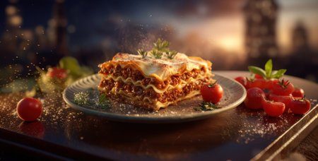 A beautifully presented slice of homemade lasagna, rich with layers of savory meat sauce and creamy bechamel, garnished with fresh herbs and surrounded by cherry tomatoes, ideal for gourmet Italian dining.の素材