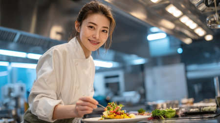 A skilled female chef, dressed in a pristine white chef's coat, smiles confidently as she meticulously plates a gourmet dish in a professional kitchen. She holds tweeters, carefully arranging ingredients for a visually stunning and delicious meal, ideal for culinary themes.の素材
