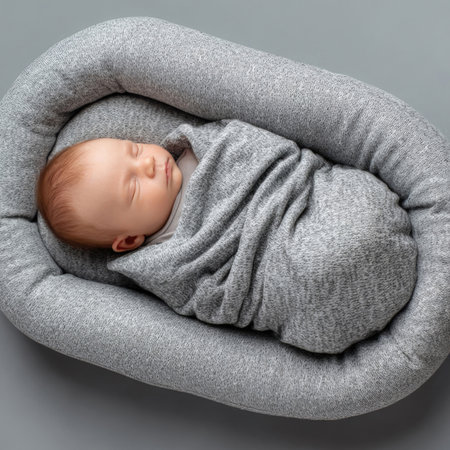 A peaceful newborn, swaddled in a soft gray blanket, sleeps soundly in a plush, oval-shaped gray nest. This serene image captures the innocence and tranquility of infancy, highlighting comfort and security. Ideal for themes of baby care, sleep, and tenderness.の素材