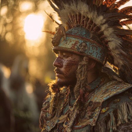 A captivating portrait of a man adorned in an elaborate feathered headdress and traditional face paint, backlit by the setting sun. This image embodies ancient tribal traditions, strength, and cultural pride.の素材