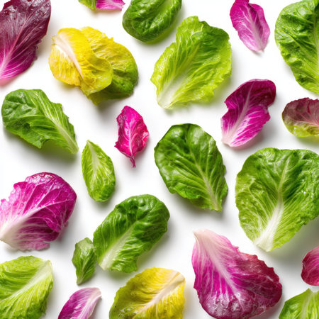 An eye catching array of colorful salad greens, including various shades of green, yellow, and magenta lettuce leaves, scattered artfully on a pristine white background, perfect for healthy eating concepts.の素材