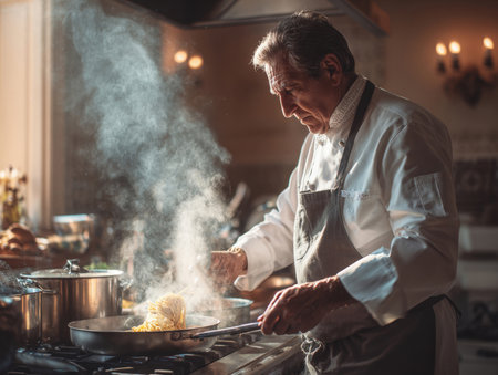 A seasoned male chef in a professional kitchen, expertly tossing pasta in a steaming pan. This image captures the dynamic energy and skill involved in creating gourmet Italian dishes.の素材