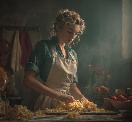 A focused young woman in an apron, skillfully making fresh pasta by hand in a rustic kitchen. This image captures the dedication to traditional culinary techniques and the art of homemade Italian food.の素材