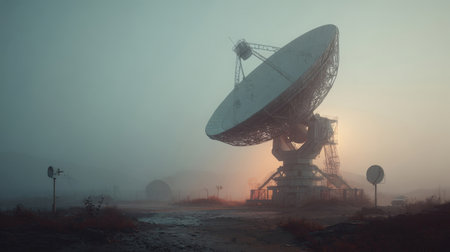 A colossal radio telescope stands majestically in a thick, atmospheric fog during sunrise or sunset, creating an enigmatic and awe inspiring scene of scientific exploration and cosmic wonderの素材