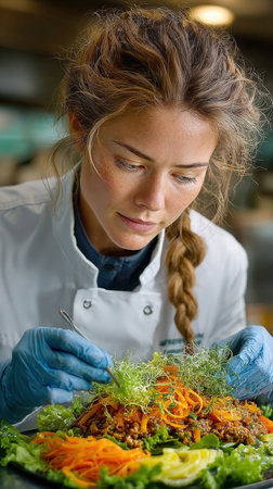 A dedicated chef in a pristine white coat and blue gloves meticulously adds the final, delicate touches of fresh microgreens to a beautifully plated, colorful salad, showing precision and artistry in healthy cuisine.の素材