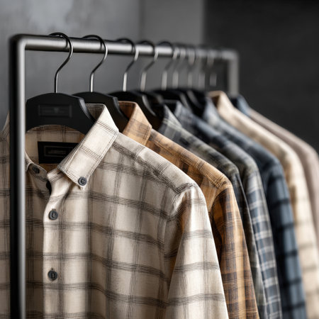 A modern metal clothing rack displays a curated selection of men's casual shirts, featuring diverse plaid and checked patterns in earthy and muted tones, ready for sale in a contemporary retail setting.の素材