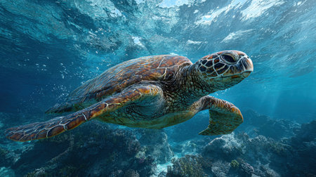 A breathtaking underwater shot of a green sea turtle gracefully swimming in its natural habitat. This vibrant image captures the serene beauty of marine life and the delicate ecosystem of coral reefs.の素材
