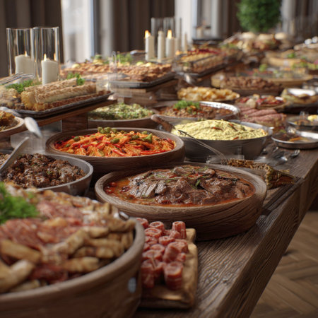 A sumptuous buffet table overflowing with an array of delicious food, including various main dishes, salads, appetizers, and meats, all beautifully arranged in wooden bowls and platters. Lit candles add to the warm ambiance, perfect for themes of catering, celebration, and gourmet dining.の素材