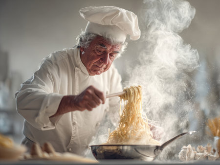 A seasoned chef, dressed in a traditional hat and white uniform, skillfully tosses steaming spaghetti in a pan. This image captures the expertise and passion behind creating delicious, fresh Italian pasta.の素材