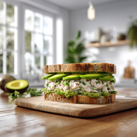 A delicious and healthy chicken salad sandwich, layered with fresh avocado slices and a creamy spread, sits on toasted bread on a wooden board, ready for a light meal in a bright kitchen setting.の素材