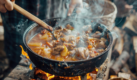 A rustic scene of outdoor cooking where a hearty meat and vegetable stew simmers in a cast iron pot over an open campfire, with steam rising, evoking a sense of traditional preparation and comfort food.の素材