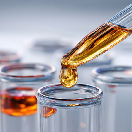 A precise drop of golden liquid falls from a glass pipette into a test tube, highlighting meticulous work in scientific research, chemical analysis, and laboratory experiments.の素材