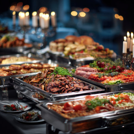A lavish buffet table overflows with an impressive array of dishes including succulent meats, fresh salads, gourmet sandwiches, and various appetizers, showing a rich and diverse culinary experience.の素材