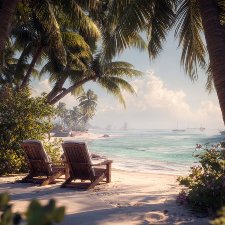 A serene tropical beach scene with two empty wooden lounge chairs positioned beneath lush palm trees, offering a perfect view of the calm, turquoise ocean. The soft white sand and distant boats create an inviting atmosphere of relaxation and idyllic escape.の素材
