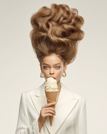 A captivating woman with an elaborate, voluminous hairstyle and elegant white jacket savors a classic ice cream cone, embodying a blend of sophistication, whimsy, and pure indulgence against a clean backdrop.の素材