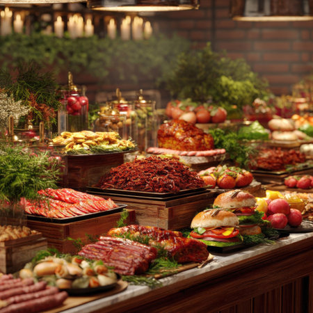 A lavish buffet table overflows with an impressive array of dishes including succulent meats, fresh salads, gourmet sandwiches, and various appetizers, showing a rich and diverse culinary experience.の素材