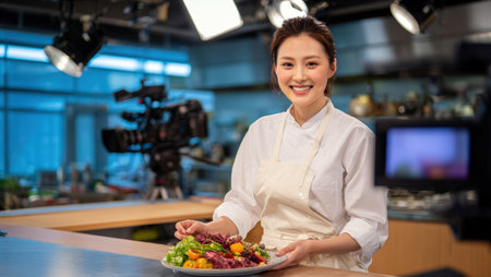 A skilled female chef, dressed in a pristine white chef's coat, smiles confidently as she meticulously plates a gourmet dish in a professional kitchen. She holds tweeters, carefully arranging ingredients for a visually stunning and delicious meal, ideal for culinary themes.の素材