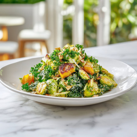 A vibrant and healthy salad featuring roasted Brussels sprouts, kale, and sweet potato, tossed with nuts and a creamy dressing, presented in a white bowl on a marble surface.の素材