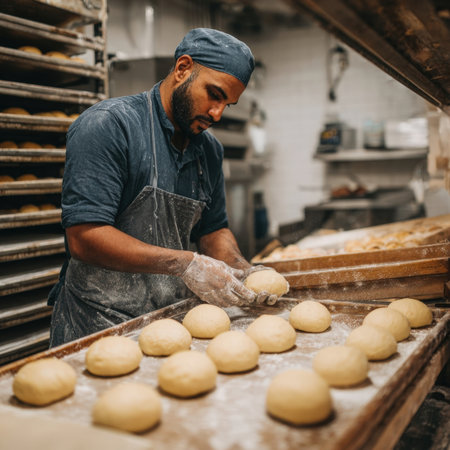 A baker, wearing a uniform, hairnet, and face mask, meticulously shapes dough into individual buns on a wooden tray in a commercial bakery setting. Shelves filled with baked goods are visible in the background, highlighting the process of fresh bread production and a commitment to hygiene and quality.の素材