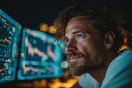 A determined man with blue eyes intently observes financial data, stock market trends, or cryptocurrency movements displayed across multiple glowing computer screens in a dark, dynamic environment, symbolizing investment and digital finance.の素材