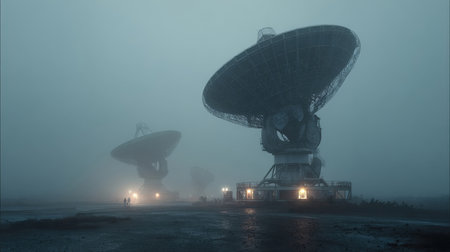 A colossal radio telescope stands majestically in a thick, atmospheric fog during sunrise or sunset, creating an enigmatic and awe inspiring scene of scientific exploration and cosmic wonderの素材