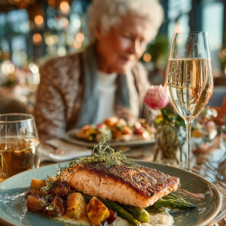 A perfectly cooked salmon fillet with asparagus and roasted potatoes is featured in the foreground, while a woman subtly enjoys her meal in a sophisticated restaurant setting, highlighting fine dining.の素材