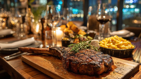 A perfectly grilled tomahawk steak, garnished with fresh rosemary, takes center stage on a wooden board, surrounded by delectable side dishes and elegant tableware in a sophisticated restaurant setting.の素材