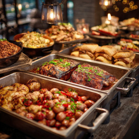 A lavish hot buffet offers a tempting array of dishes, including roasted meats and potatoes in chafing dishes, perfect for events, catering, or a hearty meal in a restaurant setting.の素材