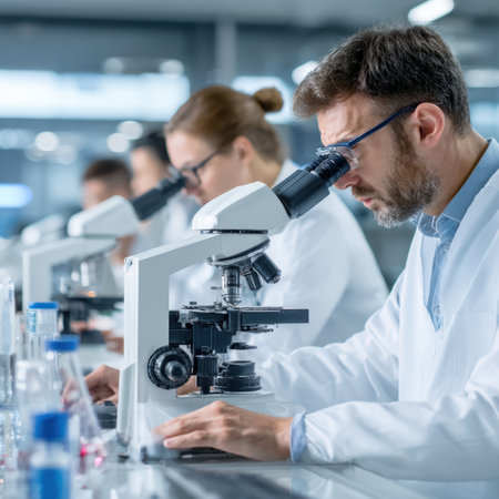 A group of focused scientists and medical professionals in white lab coats are actively engaged in research, looking through microscopes in a modern, well lit laboratory setting, indicating scientific discovery and healthcare.の素材