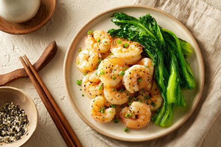 A delectable plate of succulent garlic butter shrimp perfectly paired with vibrant green broccolini, garnished with seasonings and green onions, presented with chopsticks for an Asian inspired meal.の素材