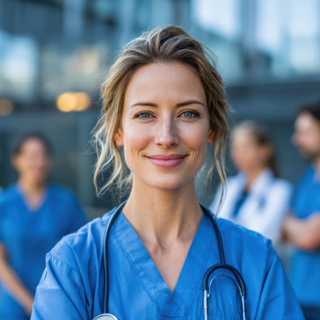 A confident and compassionate female medic, dressed in blue scrubs with a stethoscope, smiles warmly at the camera, with colleagues blurred in the background, representing dedicated healthcare professionalsの素材