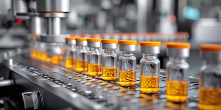 Rows of glass vials with orange liquid and caps move along a modern pharmaceutical production line, representing mass manufacturing of medicines or vaccines.の素材