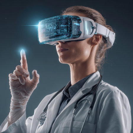 A side profile of a medical professional, likely a doctor or nurse, wearing a virtual reality headset and a stethoscope. The image represents the integration of VR technology into modern healthcare for diagnostics, training, and innovative patient care.の素材