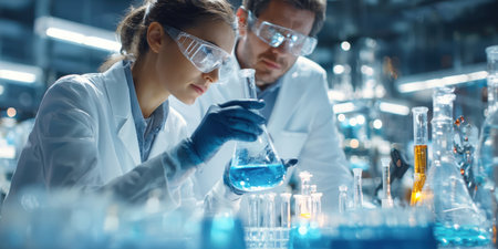 Two scientists, wearing lab coats and safety glasses, meticulously observe a flask containing a vibrant blue liquid in a modern laboratory. This image embodies collaborative scientific research, chemical analysis, and groundbreaking discoveries in a high-tech environment.の素材
