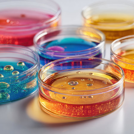 A close-up view of several petri dishes, each containing different colored liquids (yellow, orange, blue, green, pink). This image represents scientific research, chemical experiments, microbiology, and laboratory analysis, highlighting the diversity of scientific inquiry.の素材