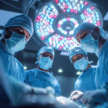 Dedicated surgical team in sterile gowns and masks operates with precision, illuminated by advanced operating room lights.の素材