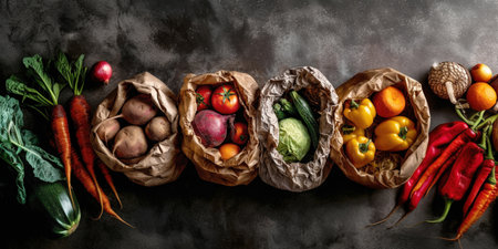 A rich assortment of colorful, fresh vegetables, including carrots, potatoes, beets, tomatoes, cucumbers, cabbage, bell peppers, and chili peppers, are beautifully presented in rustic paper bags against a dark, textured background, emphasizing healthy eating and organic produce.の素材