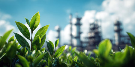 A sharp focus on vibrant green leaves contrasts with a blurred industrial facility, illustrating the crucial balance between nature and industry, highlighting environmental responsibility and sustainable practices.の素材
