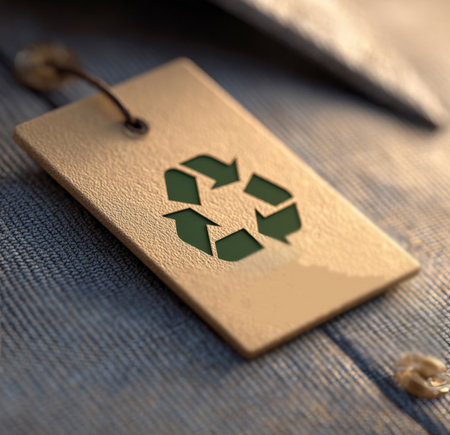 A detailed close-up of a kraft paper tag featuring a prominent green recycling symbol, representing environmental responsibility, sustainable product choices, and waste reduction efforts.の素材