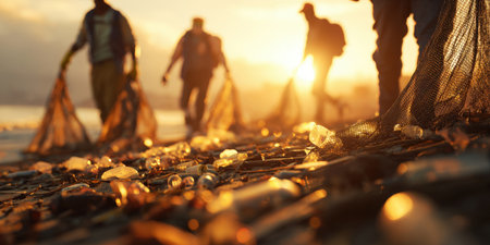 A group of environmental volunteers actively cleaning a beach at sunset, carrying bags of collected trash, powerfully illustrating community efforts and dedication towards marine conservation.の素材
