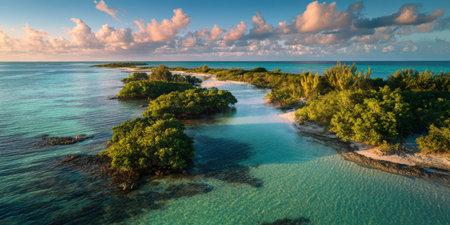 Breathtaking aerial perspective of a pristine tropical beach where vibrant turquoise waters meet dense green forest, highlighting untouched natural beauty and serene coastal scenery.の素材