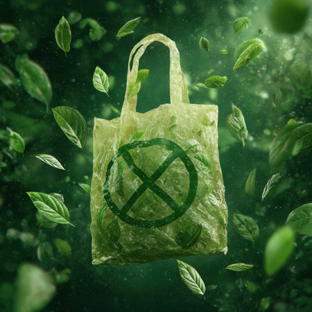 A translucent, eco-friendly plastic bag, emblazoned with a prominent environmental symbol, floats amidst a swirl of vibrant green leaves against a lush, blurred green background. This striking image advocates for sustainability, reduced plastic waste, and a greener future.の素材