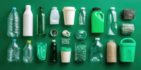 A comprehensive flat lay display of various plastic bottles, containers, and waste items, showing different shapes, sizes, and colors against a vibrant green background. This image effectively illustrates the global challenge of plastic pollution and the importance of recycling and sustainability.の素材